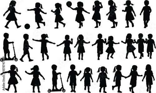 Children silhouettes collection, happy kids playing, running and jumping, black vector illustration