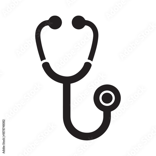 A simple black and white illustration depicting a medical stethoscope a tool for auscultation