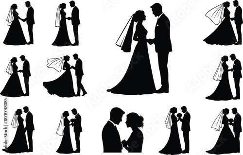 Wedding couple silhouettes vector illustration, bride and groom in love, marriage ceremony, romantic engagement