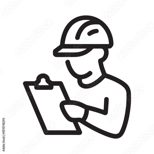 A simple line drawing depicts a worker diligently taking notes on a clipboard
