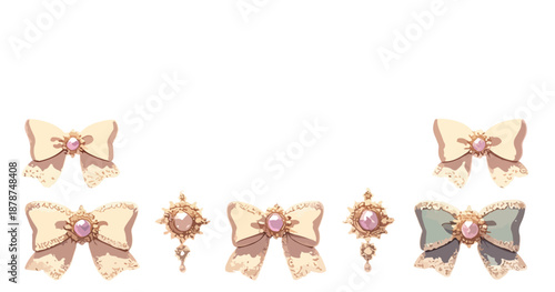 An elegant collection of transparent decorative bows and ornate gold pearl jewelry elements, perfect for vintage-inspired design projects and invitations.