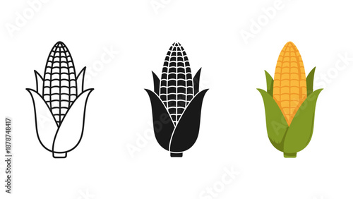 Three corn icons in line black and white and colored on white background