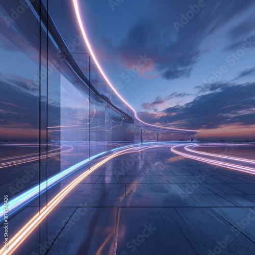 Abstract Futuristic Structure with Blue and Pink Glowing Lines on Dark Blue Sky Background