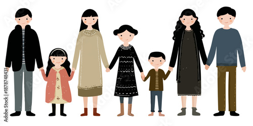 A charming multi-generational family illustration, featuring diverse cartoon characters holding hands, perfect for transparent backgrounds and design projects.