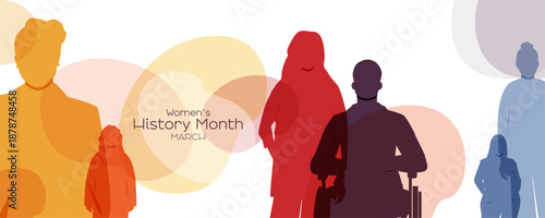 Woman's History Month banner. Silhouettes of different women together.