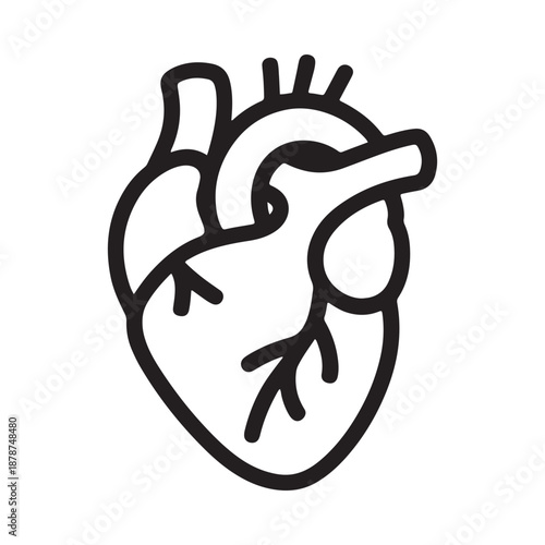 Simple black and white line drawing depicting a human heart with major vessels shown