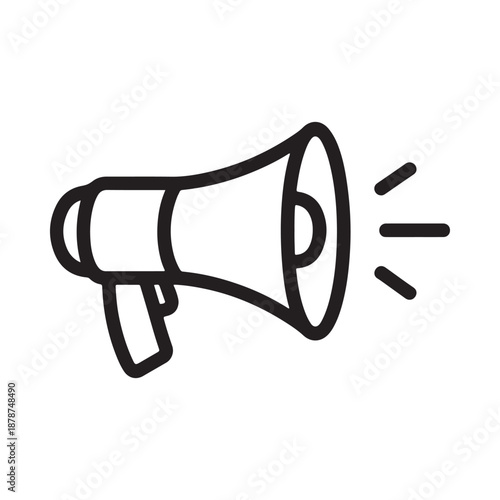A simple black and white line drawing depicting a classic megaphone with sound waves