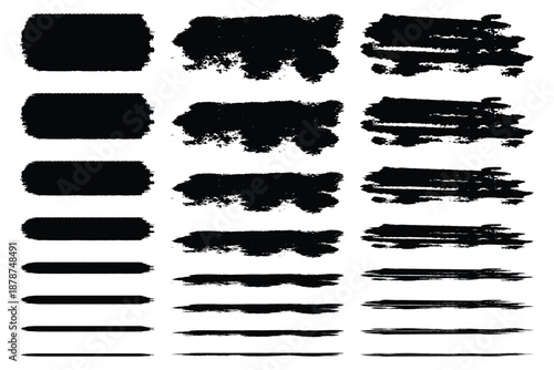 Black set paint, ink brush, brush strokes, brushes, lines, frames, box, grungy. Grungy brushes collection.