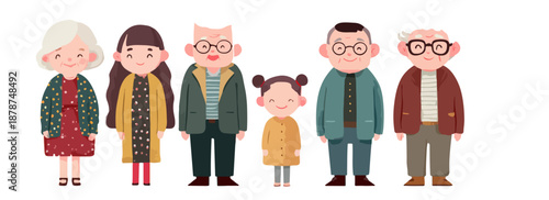 A charming transparent vector illustration depicting a happy multi-generational Asian family with grandparents, parents, and children standing together.