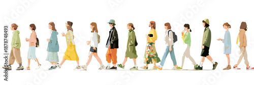 A diverse group of young adults in modern casual fashion walks in profile, isolated on a transparent white background, symbolizing progress and individuality.