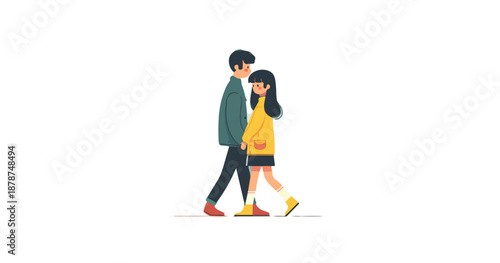 A minimalist flat illustration depicts a young couple, a man and a woman, walking together side by side, isolated on a clean white background for versatile graphic design use.