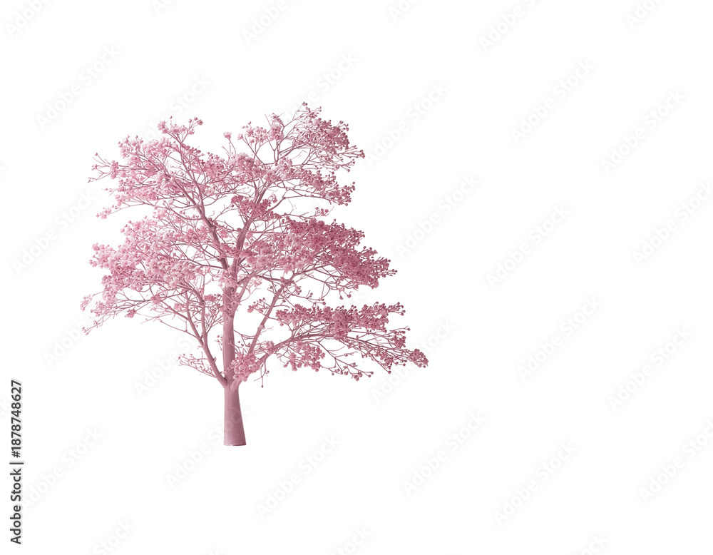 Obraz premium Blossoming pink tree silhouetted on white background with delicate branches