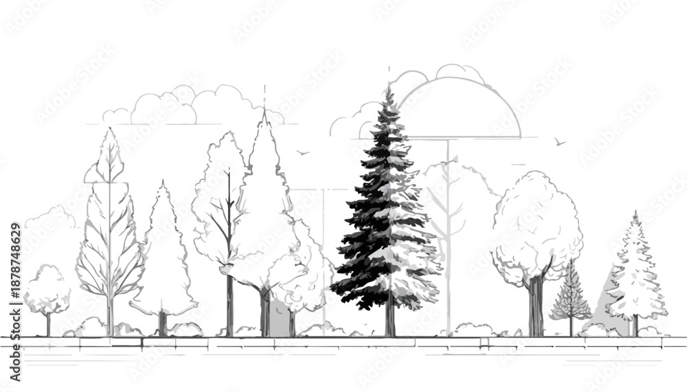 Obraz premium Vector line art illustration of diverse trees, including pine and broadleaf species, perfect for nature-themed graphic design projects with a transparent background.