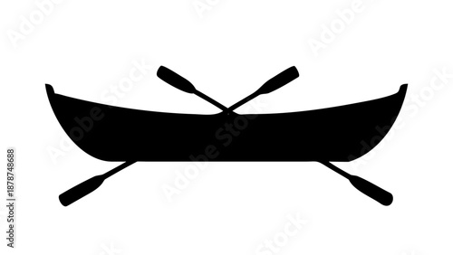 Black Rowboat Icon Silhouette - Vector Wooden Boat with Oars Isolated