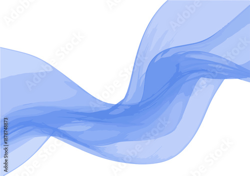 An elegant abstract blue transparent wavy ribbon flows gracefully across a pristine white background, creating a serene and dynamic visual effect.