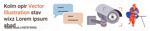 Security, communication, privacy, monitoring, discussion, technology. A CCTV camera with speech bubbles and a seated woman at a desk. Security and communication interaction concept