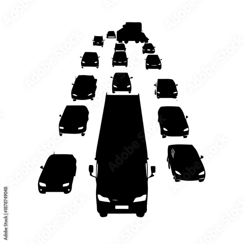 Black Traffic Jam Silhouette - Vector Highway Congestion with Cars and Trucks Icon Isolated