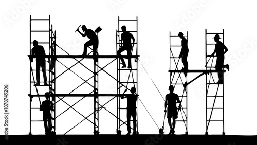 Black Construction Worker Silhouette - Vector Scaffolding Building Site and Industrial Laborer Icon Isolated