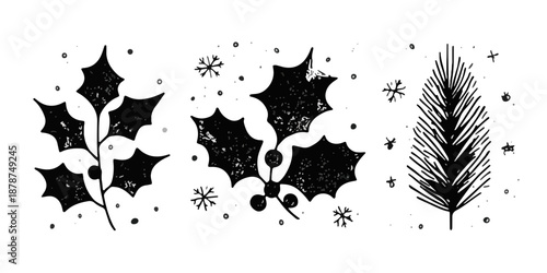 Festive hand-drawn black and white grunge illustrations of holly leaves, berries, a pine branch, and snowflakes, ideal for transparent seasonal designs.