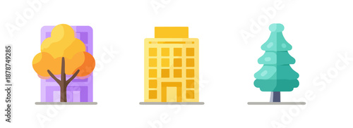 A vibrant set of flat design icons featuring an autumn tree, a modern building, and an evergreen pine, ideal for transparent backgrounds and digital projects.