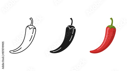 Three chili peppers in line red black and outlined on white background