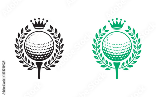 Royal golf championship emblem set, vector logo, crown and laurel wreath design, golf club branding, elite academy, premium sports identity illustration.