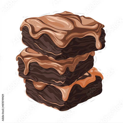 Stack of three chocolate brownies with caramel drizzle