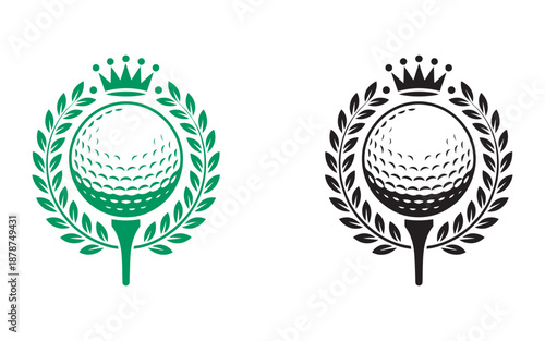 Royal golf club vector emblem, crown and laurel wreath logo, premium tournament branding, elite academy, golf club identity, luxury sports vector illustration.