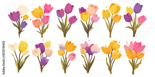 Vibrant watercolor tulip bouquets in various colors like purple, yellow, and pink, isolated on a transparent background, perfect for spring designs.