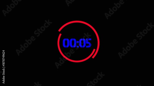 5 Second Countdown Timer with Blue Digital Numbers and Red Circular Progress on Black Background.