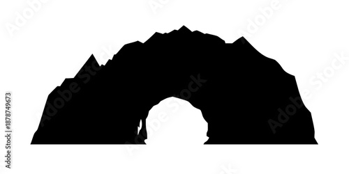 Black Mountain Cave Silhouette - Vector Rock Tunnel Entrance and Underground Cavern Icon Isolated
