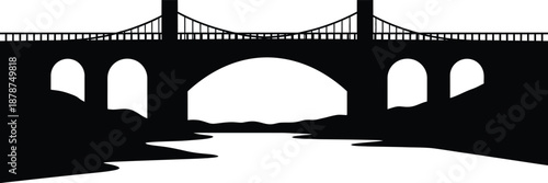 Silhouette of a suspension bridge with arches over a river