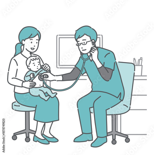 スクラブを着た男性医師による赤ちゃんと母親の聴診・小児科診察のイラスト
