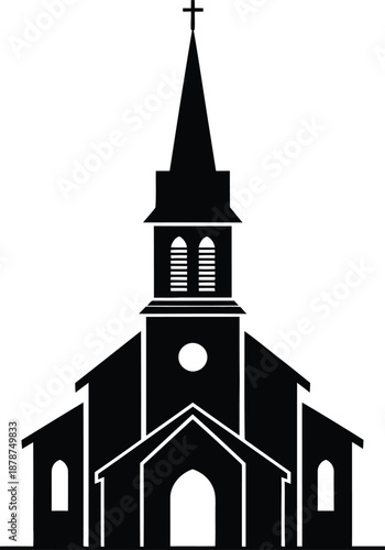 Black silhouette of a church with steeple and cross on a white background