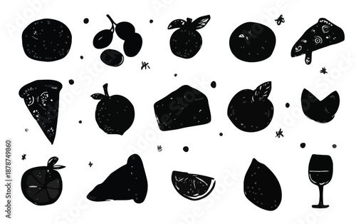 Transparent hand-drawn black food and drink silhouettes, including pizza, fruits, cheese, and wine, perfect for graphic design elements and menu illustrations.