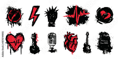 A collection of transparent grunge and punk rock vector icons featuring music, rebellion, and emotional symbols in a bold red and black style.