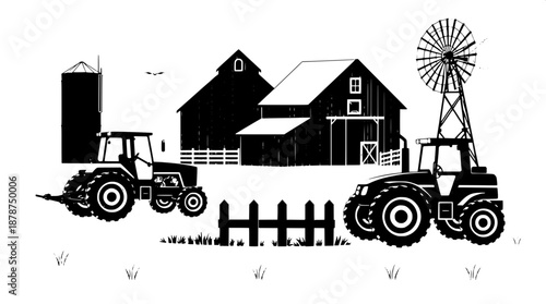 Monochrome farm illustration featuring solid black shapes on a clean white background with a prominent agriculture theme, including a sturdy tractor with visible wheels and a exhaust pipe, a tradition