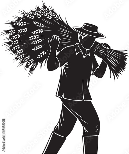 Farmer carrying a large bundle of wheat harvest