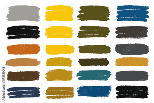 A vibrant collection of textured paint brush strokes in a diverse color palette, perfect for artistic graphic design elements and creative backgrounds.
