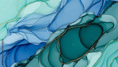 Abstract watercolor fluid art with flowing teal and blue waves accented by delicate gold lines