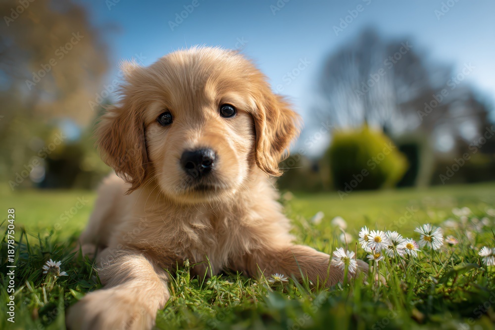 Obraz premium Curious seven-week-old golden retriever puppy exploring a sunlit garden