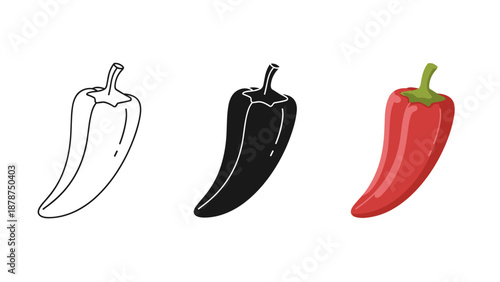 Three chili peppers in white black and red colors on plain background