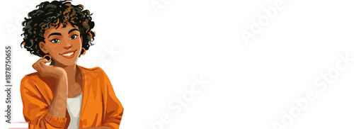 A cheerful young Black woman with curly hair smiles warmly, wearing an orange cardigan in this friendly digital illustration, perfect for diverse design needs.