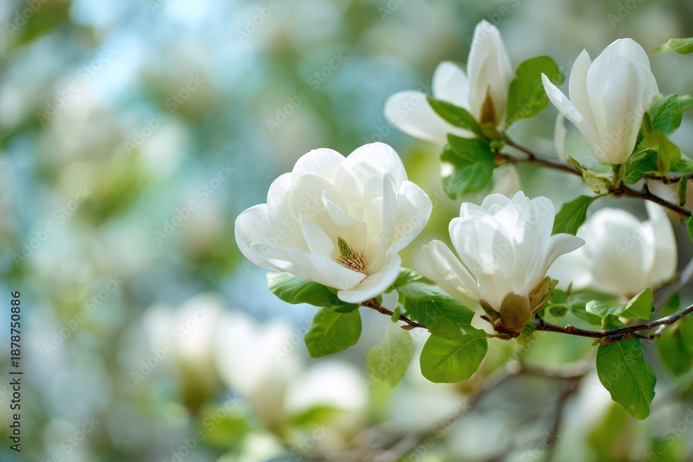 Fototapeta premium Delicate magnolia flowers and lush leaves in a tranquil outdoor setting