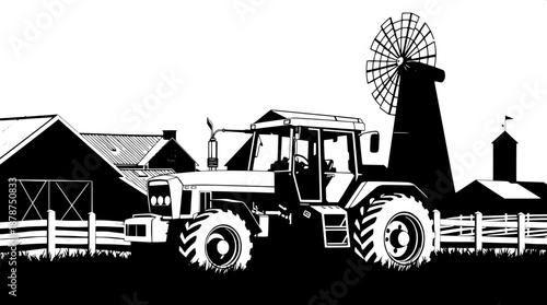 Vintage farm silhouette vector illustration featuring a prominent tractor in the foreground, set against a backdrop of rural buildings and a towering windmill, characterized by a clean outline and sta