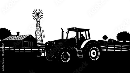 Vintage farm silhouette vector illustration featuring a prominent tractor in the foreground, set against a backdrop of rural buildings and a towering windmill, characterized by a clean outline and sta