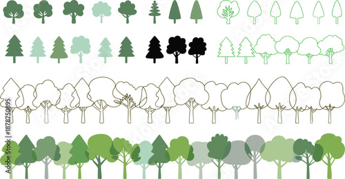 Clean vector forest tree illustration set, minimal flat nature icons, deciduous and pine trees, landscape elements collection, modern eco design