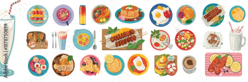 Colorful food illustration collection featuring desserts breakfasts beverages and international cuisine icons for restaurant menu poster advertising design background vector