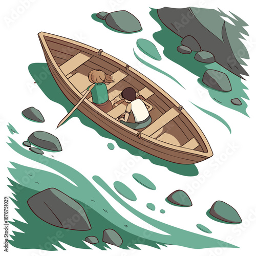 Semi realistic portraying shallow emer two people rowing boat through rocky waters