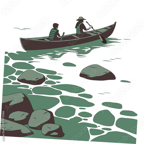 Canoe with two people on ultra clear green water with rocks